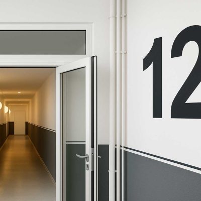 Flur im Studentenwohnheim Hildebrandstraße mit geöffneter Tür und der Nummer 12 an der Wand